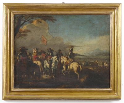 Scuola del XVII-XVIII secolo, Le truppe prima della battaglia, olio su tela