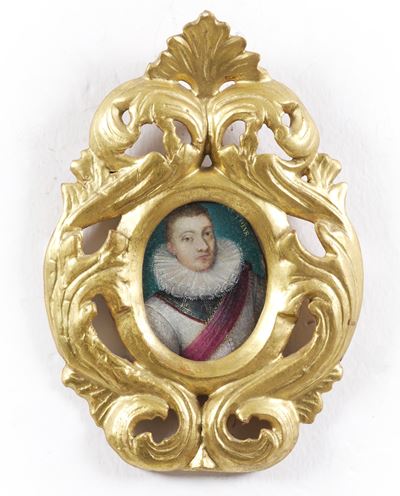 Scuola del XVII secolo, Ritratto di giovane gentiluomo con gorgiera, olio su rame ovale