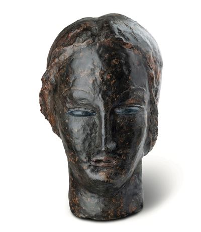 Testa di donna, scultura in gesso e argilla dipinti