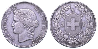 Svizzera, Confederazione, 5 Francs 1907 - Testa femminile a destra