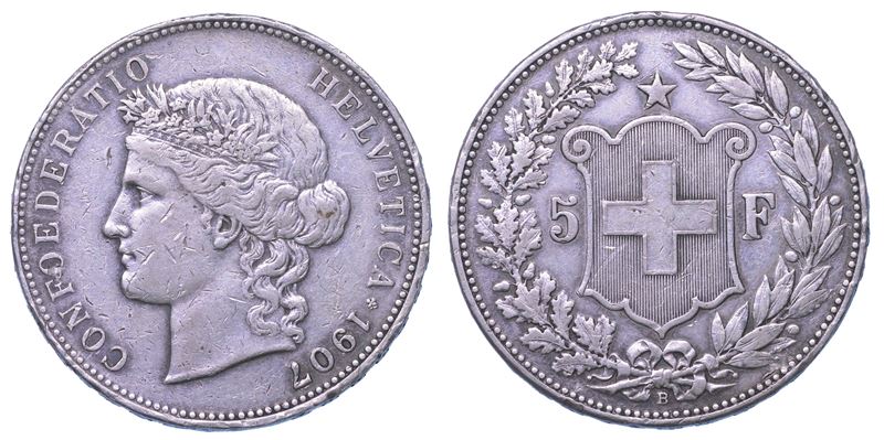 SVIZZERA. CONFEDERAZIONE. 5 Francs 1907.  - Auction Light Numismatics - Cambi Casa d'Aste
