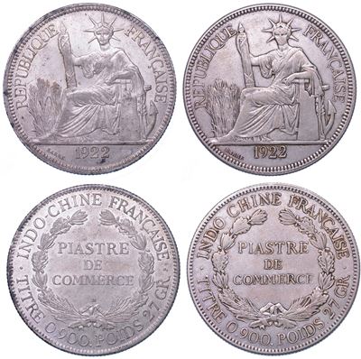 Indocina Francese, Lotto di due Piastre de Commerce del 1922