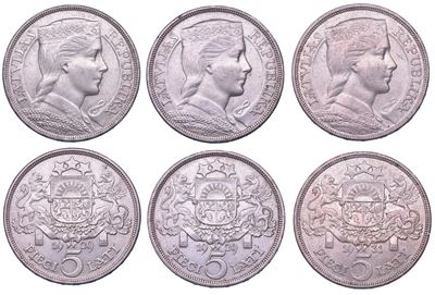 Lettonia, Lotto di tre monete: 5 Lati 1929 (due esemplari), 5 Lati 1931