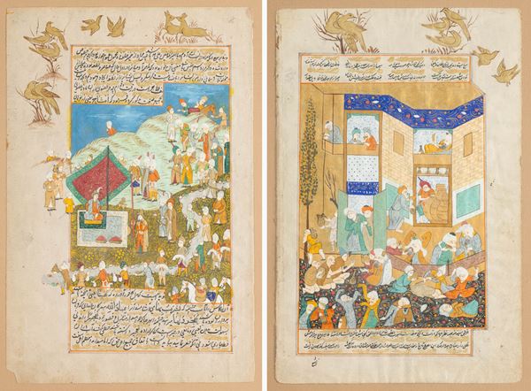Lotto composto da due tempere incorniciati raffiguranti scene di vita comune, Persia, XVIII secolo