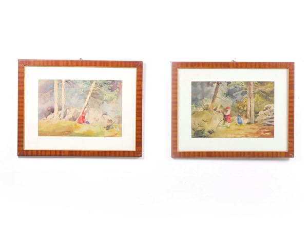 Coppia di acquerelli in cornice “personaggi nel bosco “