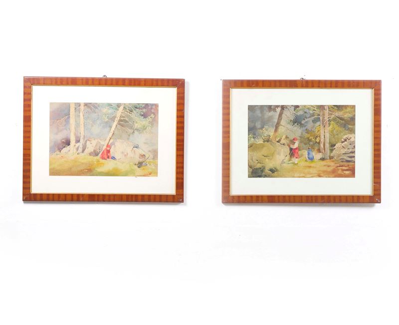 Coppia di acquerelli in cornice “personaggi nel bosco “  - Asta Antiquariato - Cambi Casa d'Aste