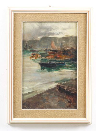 Pittore del XIX-XX secolo, Scena di porto, olio