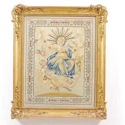 Tessuto religioso ornamentale in cornice dorata, cm 60x77