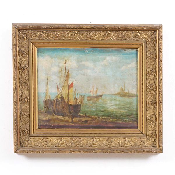 Pittore del XIX-XX secolo Veduta costiera con pescatori