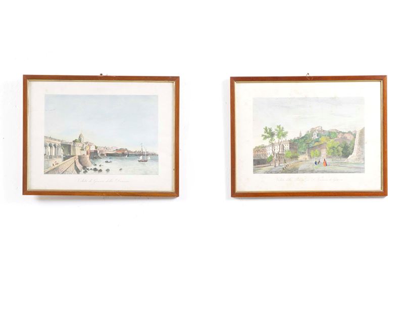 Incisore del XIX secolo (Attilio Zuccagni Orlandini?) Veduta di Genova dalla Darsena / Veduta della Piazza di S. Tommaso di Genova  - Asta Antiquariato - Cambi Casa d'Aste