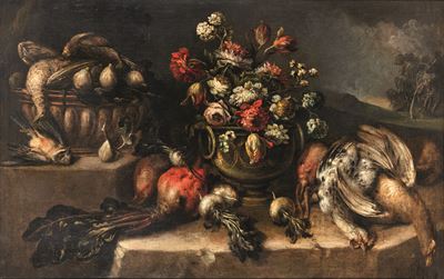 Natura morta con vaso di fiori, ortaggi, fichi e cacciagione, olio su tela