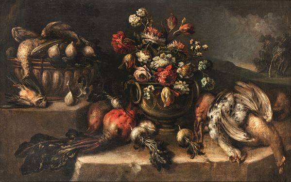 Natura morta con vaso di fiori, ortaggi, fichi e cacciagione