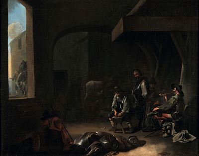 Scena di genere con soldati e artigiani, olio su tela