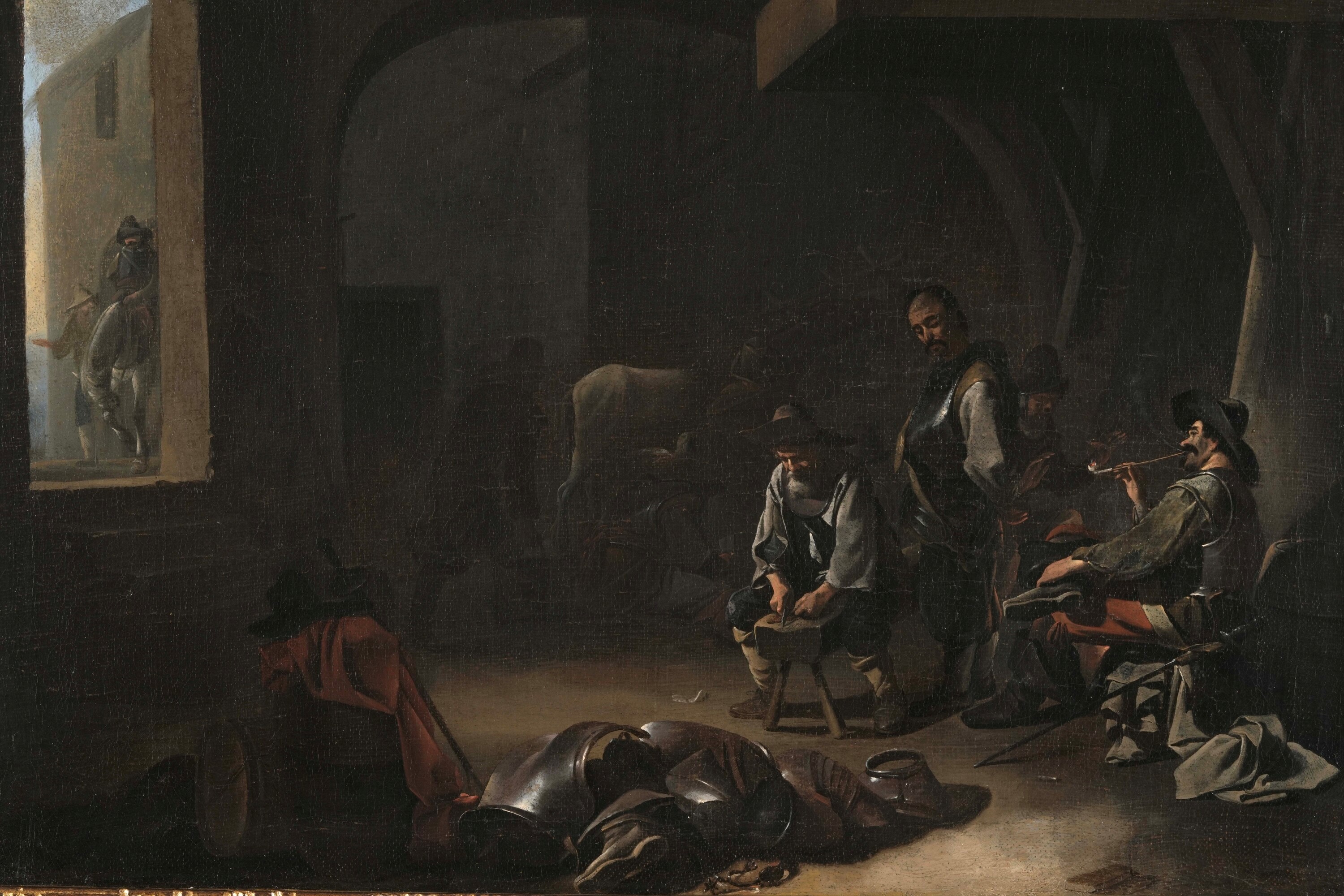 Maestro dei Mestieri (attivo in Italia nel Corso del XVII Secolo) - Scena di genere con soldati e...