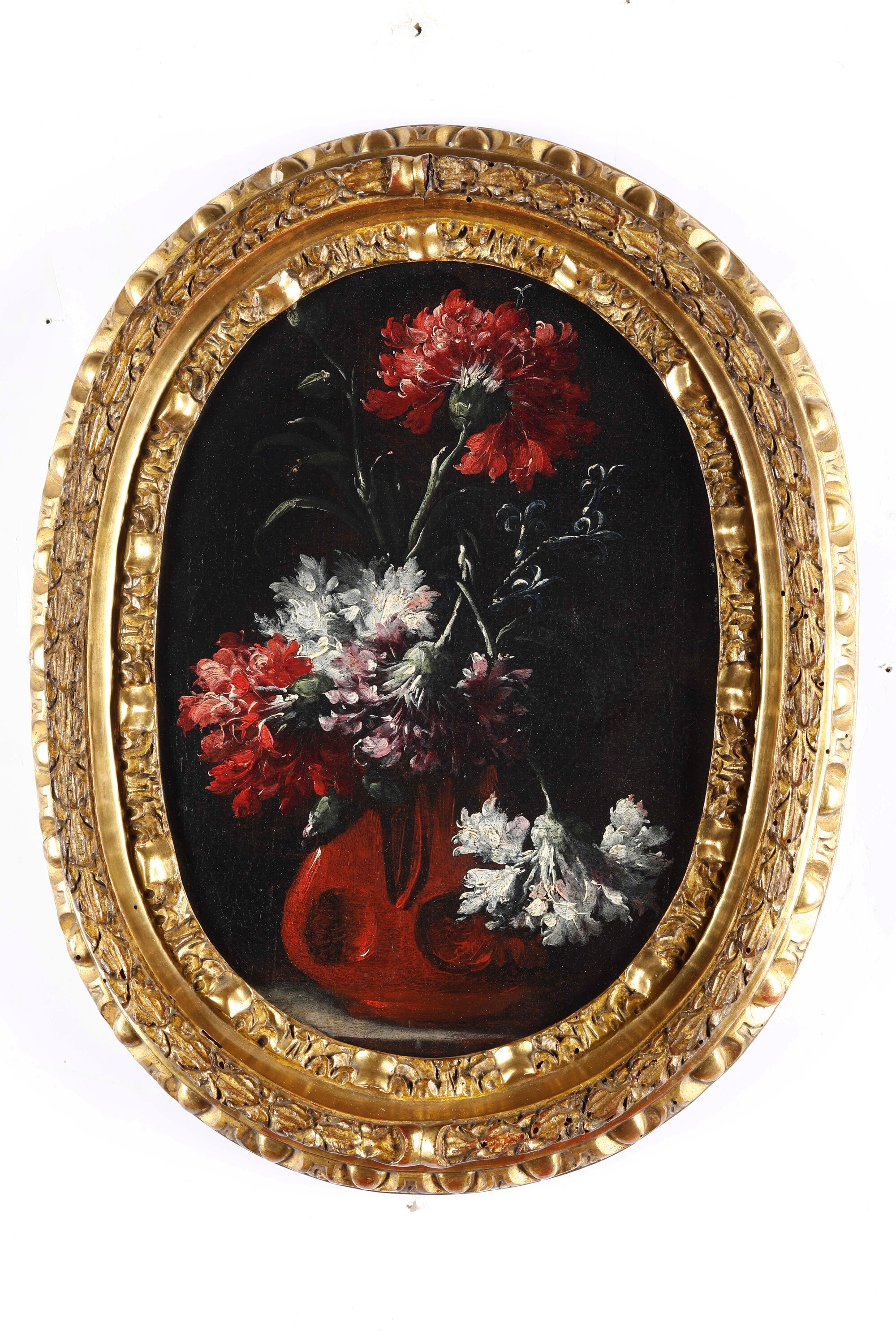 Andrea Belvedere - Nature morte con vasi di fiori, olio su tela ovale