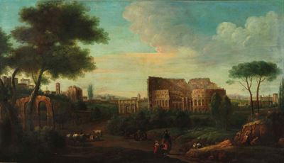 Veduta di Roma con Colosseo e Arco di Costantino, olio su tela