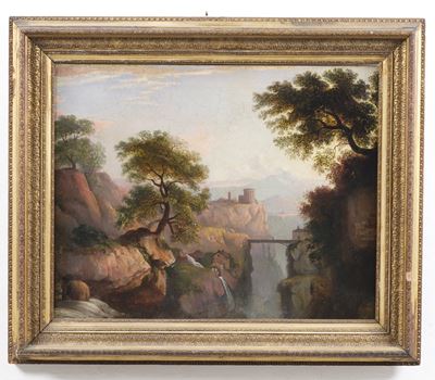Scuola neoclassica della fine del XVIII secolo, Paesaggio con ponte e cascatella, olio su tela