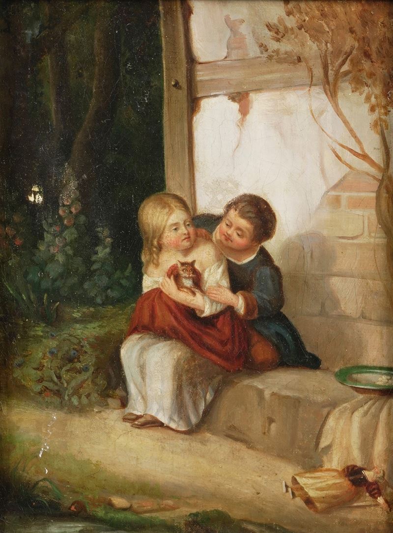 Pittore del XIX-XX secolo Due bambini in esterno  - olio su tela - Asta Dipinti del XIX-XX Secolo - Cambi Casa d'Aste