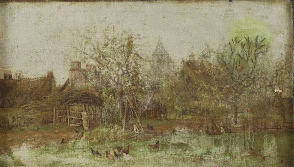 Pittore del XX secolo Paesaggio con alberi e galline