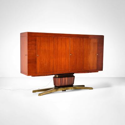Grande mobile bar luminoso in legno e ottone
