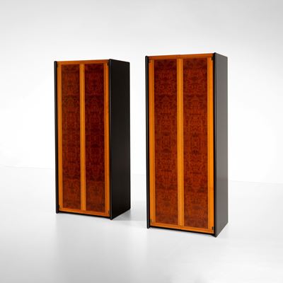 Due mobili contenitori della serie Artona, legno laccato e diverse essenze, Italia, circa 1970