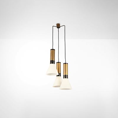 Lampada a sospensione in ottone e vetro opalino
