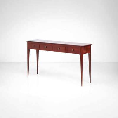 Console con cassetti in legno e ottone, circa 1950