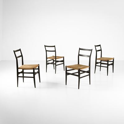 Quattro sedie modello Leggera, legno laccato e paglia intrecciata, 1951