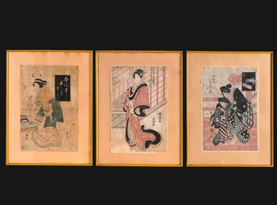 Periodo Meiji, Tre xilografie con fanciulle in costume giapponese