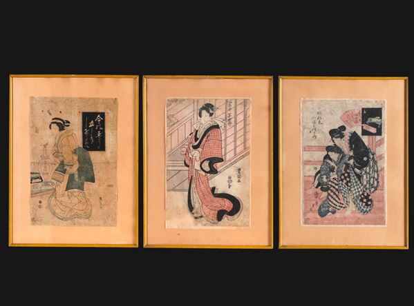 Lotto composto da tre xilografie raffigurante fanciulle, Giappone, periodo Meiji (1869-1912)
