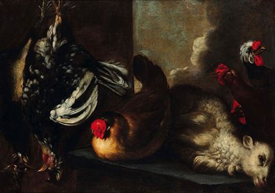 Gallinacei e agnello, olio su tela