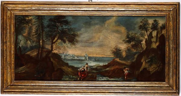 Scuola del XVIII secolo aesaggio fluviale con pastori e contadina