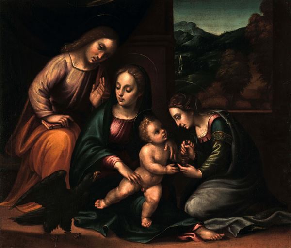 Scuola romagnola del XVI secolo Madonna con Bambino, San Giovanni Evangelista e la Maddalena