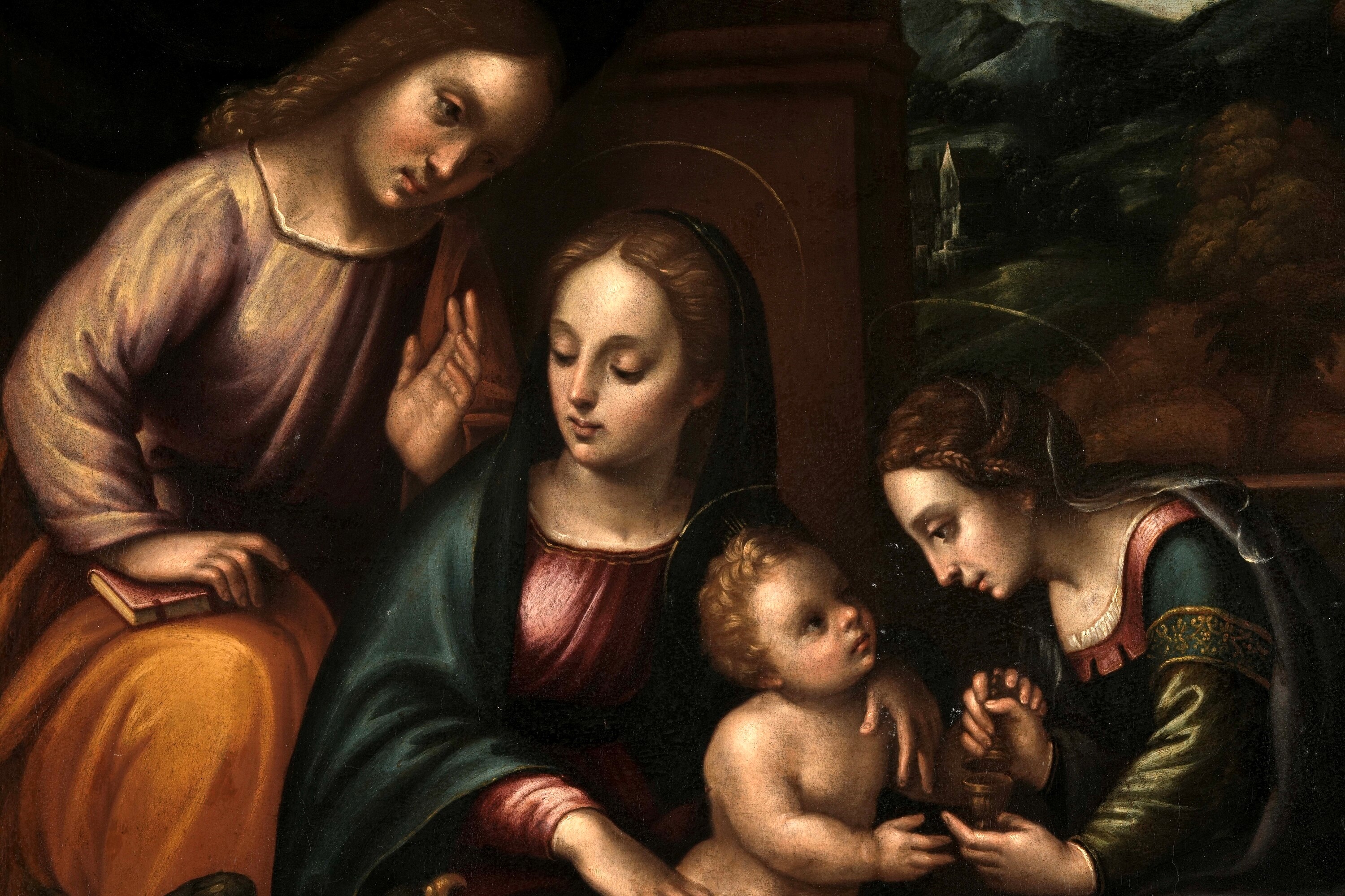 Scuola Romagnola del XVI secolo, Madonna con Bambino, San Giovanni Evangelista e la Maddalena, ol...