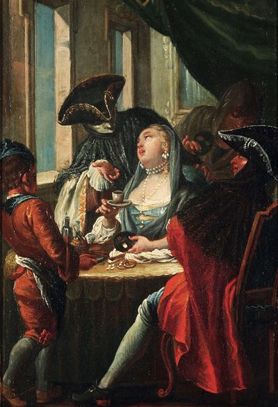 Scenetta veneziana, olio su tavoletta