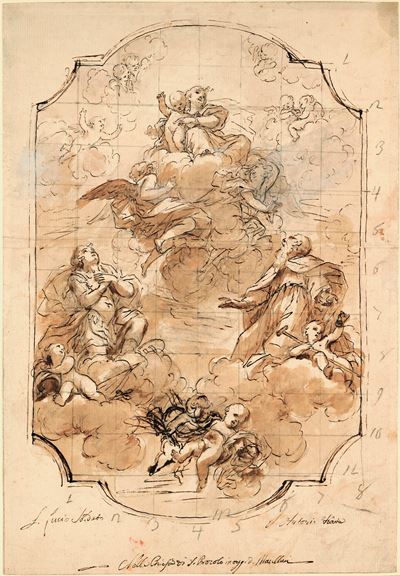 Scuola emiliana, Vergine in gloria tra due santi, matita nera, penna, inchiostro bruno e acquerel...