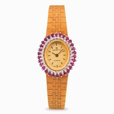 Lady in oro giallo 18k con quadrante champagne, diamanti e rubini, circa 1970