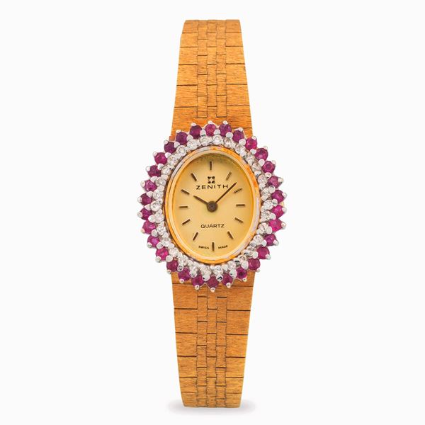 Lady in oro giallo 18k con diamanti e rubini quadrante champagne, circa 1970