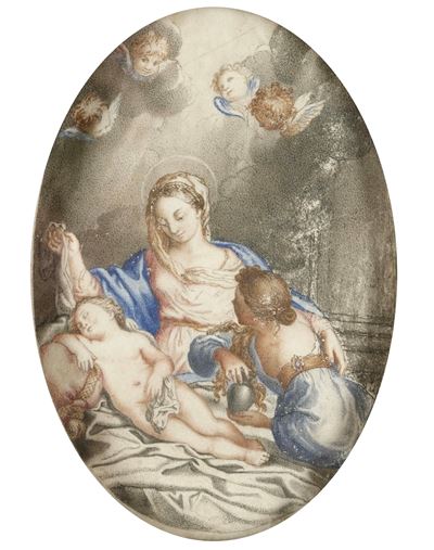 Scuola genovese, Madonna con Bambino e la Maddalena, tempera su pergamena ovale