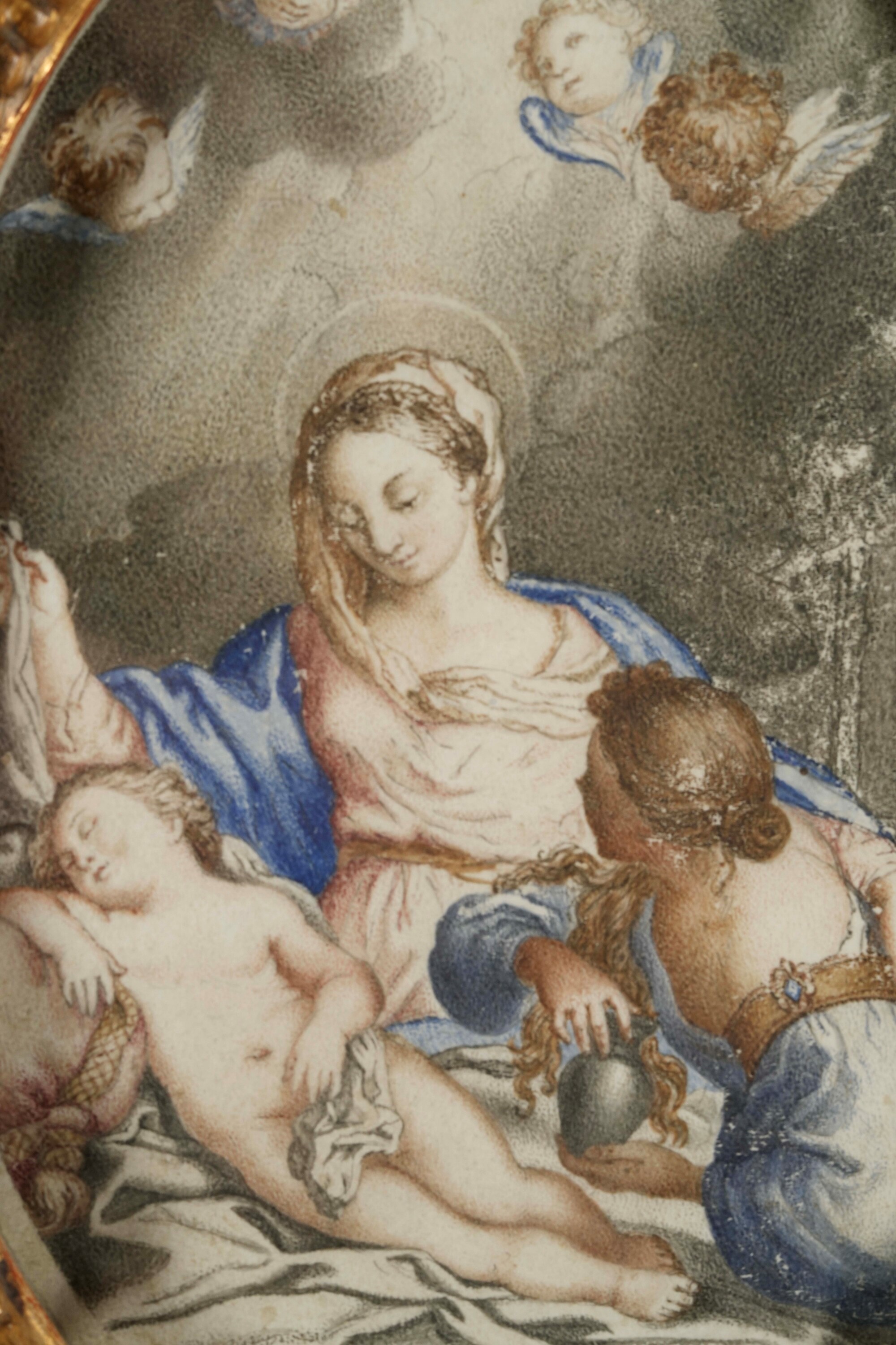 Scuola genovese, Madonna con Bambino e la Maddalena, tempera su pergamena ovale