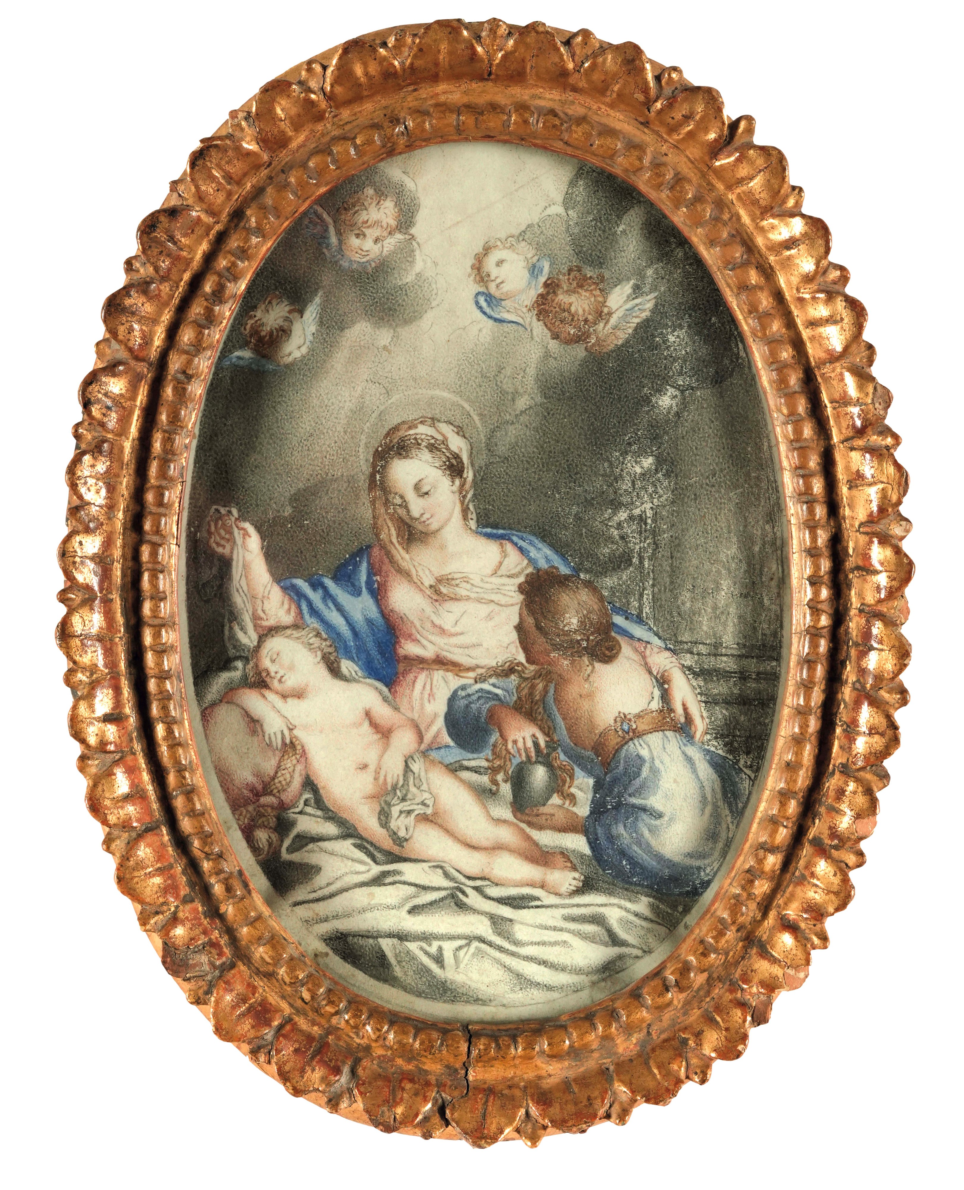Scuola genovese, Madonna con Bambino e la Maddalena, tempera su pergamena ovale