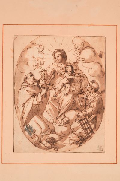 Scuola genovese del XVII secolo, Madonna con Bambino, san Domenico e san Lorenzo, penna, inchiost...