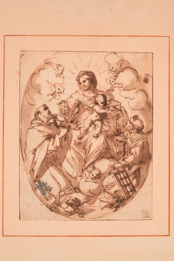 Scuola genovese del XVII secolo Madonna con Bambino, san Domenico e san Lorenzo
