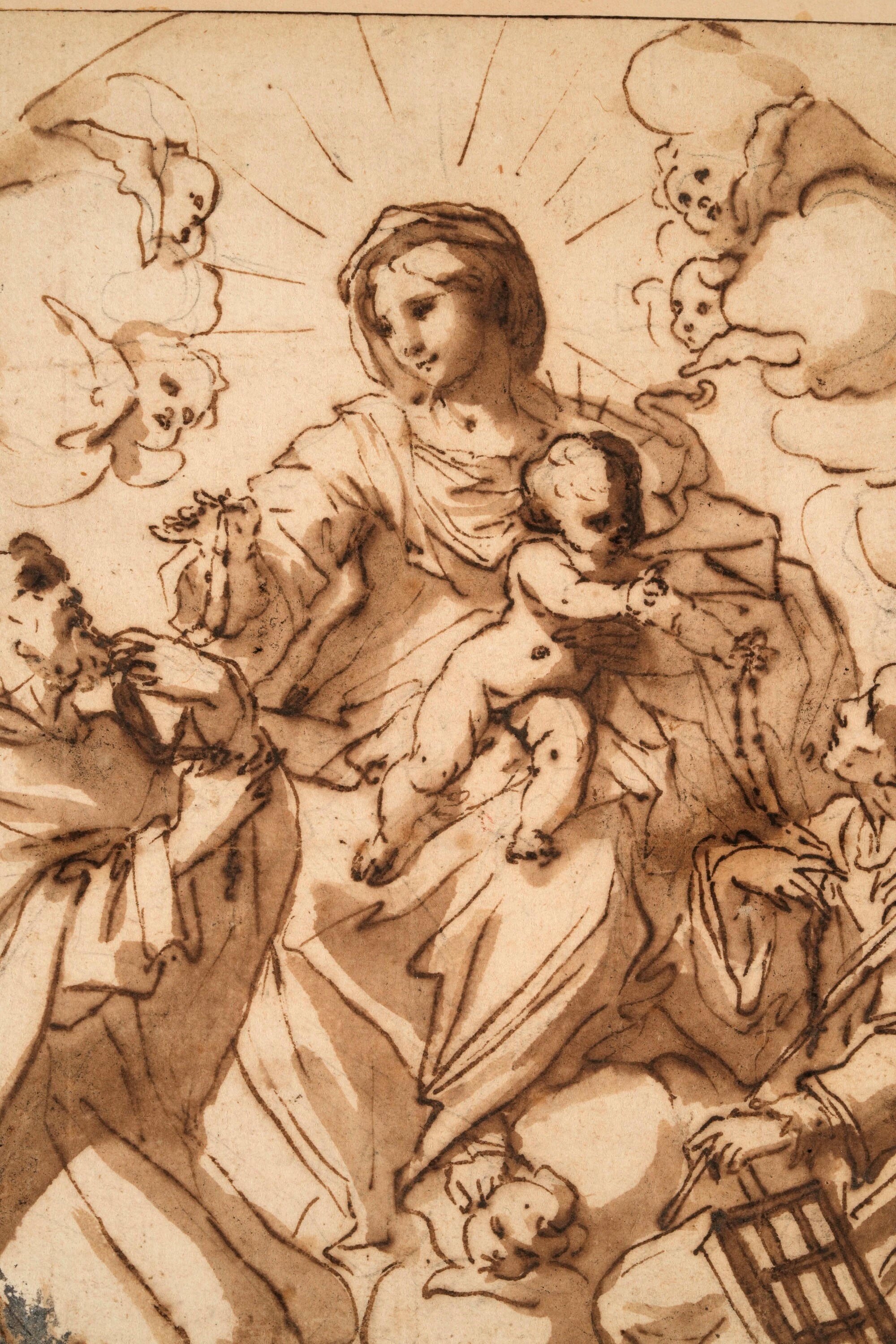 Scuola genovese del XVII secolo, Madonna con Bambino, san Domenico e san Lorenzo, penna, inchiost...