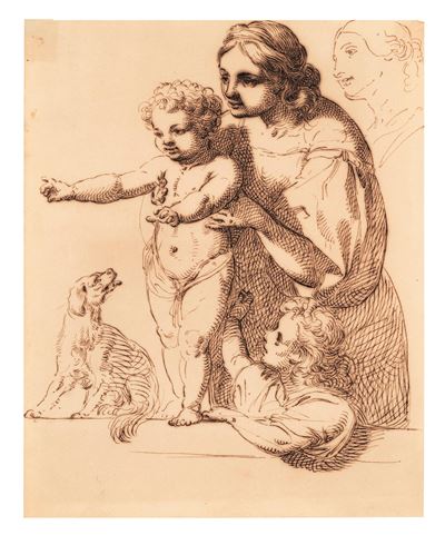 Scuola toscana del XIX secolo, Figura femminile con bambini e cagnolini, penna e inchiostro bruno...