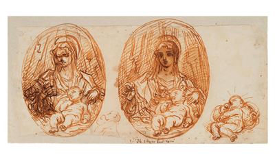 Tre studi per ovale con Madonna e Bambino, penna e inchiostro bruno su carta
