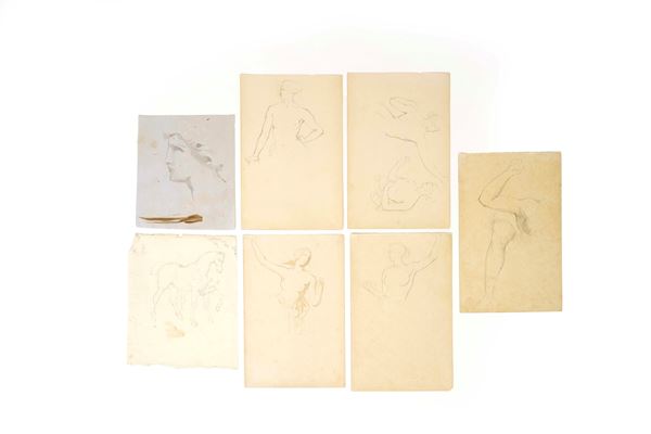 Santo Varni - Gruppo di sette studi di nudi e cavalli