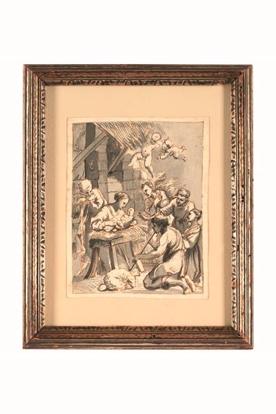 Scuola genovese del XVII secolo, Natività con penna, inchiostro bruno e acquerello grigio su cart...