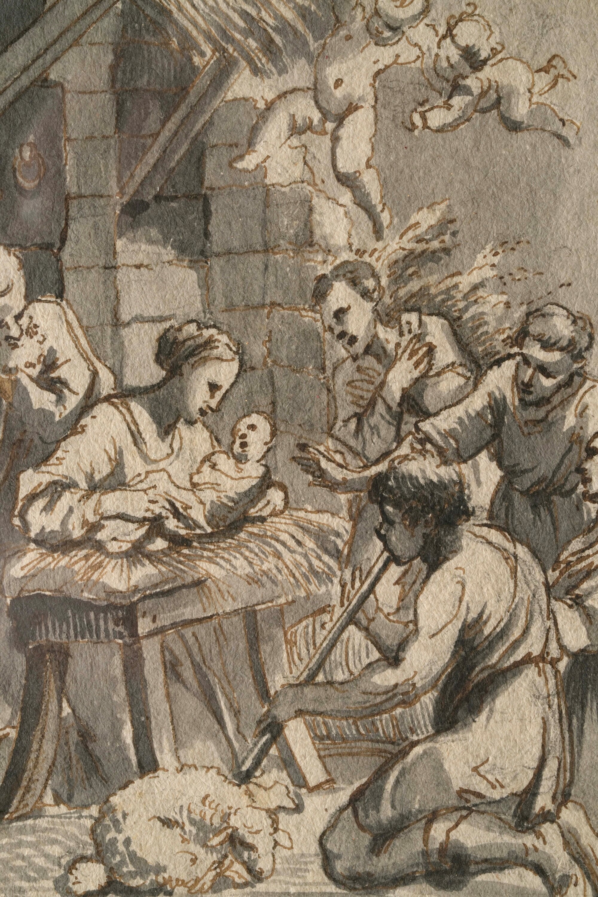 Scuola genovese del XVII secolo, Natività con penna, inchiostro bruno e acquerello grigio su cart...