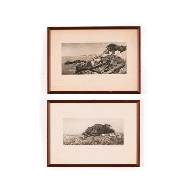 Due incisioni ad acquaforte, Serafino de Avendano (1838-1916) Quarto e Dintorni di Genova